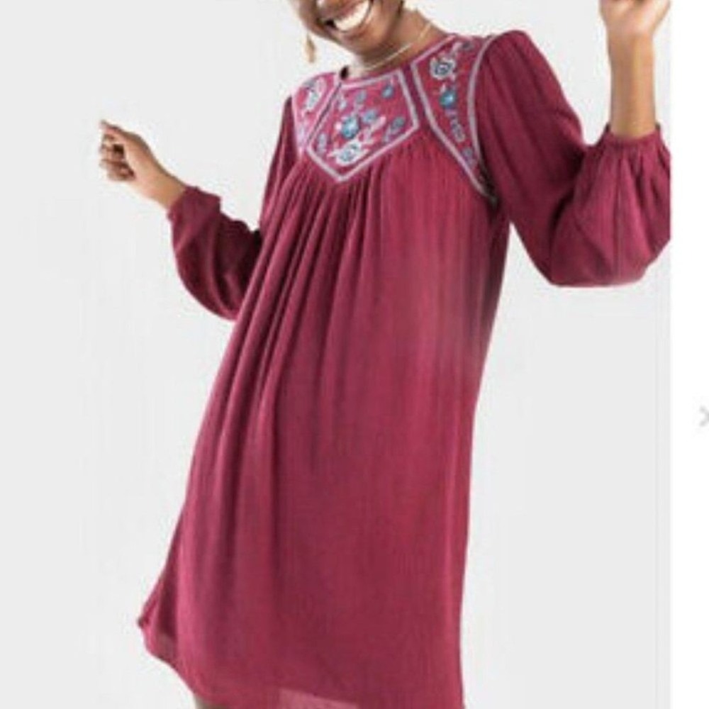 Blue Rain Boho Shirt Dress XS Embroidered Burgundy Dress Cabincore Maroon Keyhol